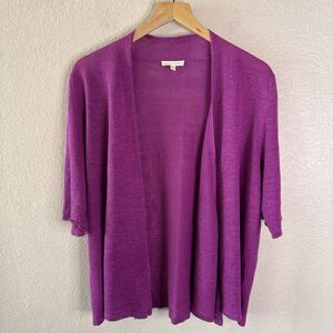 Eileen Fisher 100% Linen 1/2 Sleeve Open Front Cardigan Womens XL Purple Knit